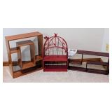 LL - Decorative Wall Shelves Set of 3 - Light Wood Geometric, Red Birdcage, Dark Wood - Largest 18 in x 22 in