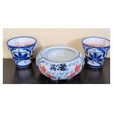 ML - Delft-Style Blue & White Ceramic Planters - 3-Piece Set (Koi & Floral Motifs)