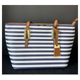 B1 - ALDO Striped Tote Bag - Navy & White, 9 x 15 in, Brown Leather Trim