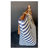 B1 - ALDO Striped Tote Bag - Navy & White, 9 x 15 in, Brown Leather Trim