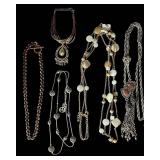 B2 - Costume Jewelry Lot - Turquoise Bead Bracelet, Pink Floral Necklace, Silver Chains