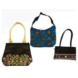 B1 - Boho Embroidered Handbags - Set of 3: Black Floral Vines, Blue Beaded, Black Quilted