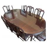 DR - Vintage Rosewood Chinese Dining Table Set with Glass Top & 8 Carved Chairs