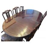 DR - Vintage Rosewood Chinese Dining Table Set with Glass Top & 8 Carved Chairs