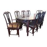 DR - Vintage Rosewood Chinese Dining Table Set with Glass Top & 8 Carved Chairs