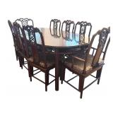 DR - Vintage Rosewood Chinese Dining Table Set with Glass Top & 8 Carved Chairs