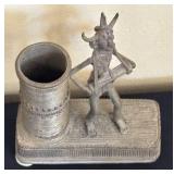 K - Dhokra Brass Figure - Vintage Indian Horned Warrior with Cylinder