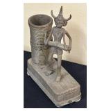 K - Dhokra Brass Figure - Vintage Indian Horned Warrior with Cylinder