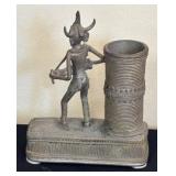 K - Dhokra Brass Figure - Vintage Indian Horned Warrior with Cylinder