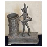 K - Dhokra Brass Figure - Vintage Indian Horned Warrior with Cylinder