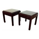 LR - Pair of Vintage Carved Wood End Tables with Glass Tops