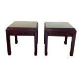 LR - Pair of Vintage Carved Wood End Tables with Glass Tops