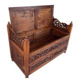 P - Vintage Hand Carved Southeast Asian Balinese- Style Two Seater Storage Bench