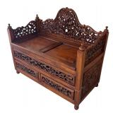 P - Vintage Hand Carved Southeast Asian Balinese- Style Two Seater Storage Bench