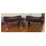 LR - Pair of Wood Camel Saddle Stools W/ Leather Seat Pads and Brass Inlay