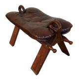 LR - Pair of Wood Camel Saddle Stools W/ Leather Seat Pads and Brass Inlay