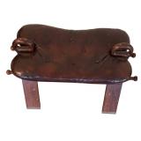 LR - Pair of Wood Camel Saddle Stools W/ Leather Seat Pads and Brass Inlay