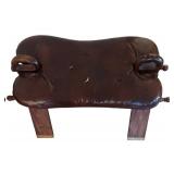 LR - Pair of Wood Camel Saddle Stools W/ Leather Seat Pads and Brass Inlay