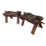 LR - Pair of Wood Camel Saddle Stools W/ Leather Seat Pads and Brass Inlay