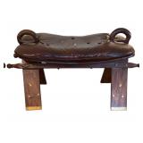 LR - Pair of Wood Camel Saddle Stools W/ Leather Seat Pads and Brass Inlay