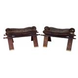 LR - Pair of Wood Camel Saddle Stools W/ Leather Seat Pads and Brass Inlay