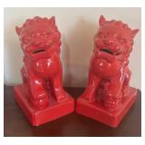 K - Pair of Red Glazed Red Ceramic Foo Dog Statues