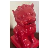 K - Pair of Red Glazed Red Ceramic Foo Dog Statues