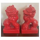 K - Pair of Red Glazed Red Ceramic Foo Dog Statues