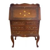DR - Vintage Secretary Desk with Beautiful Brass and Copper Inlaid Design