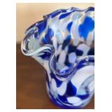 K - Blue & White Swirl Glass Vase with Ruffled Rim