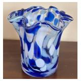K - Blue & White Swirl Glass Vase with Ruffled Rim