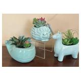 K - Fresh Picked 3-Piece Turquoise Ceramic Animal Planter Set with Faux Succulents