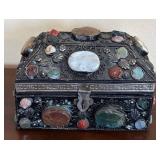K - Vintage Jewelry Box with Multicolor Gem Inlays & Ornate Metalwork