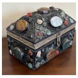 K - Vintage Jewelry Box with Multicolor Gem Inlays & Ornate Metalwork
