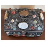 K - Vintage Jewelry Box with Multicolor Gem Inlays & Ornate Metalwork