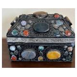K - Vintage Jewelry Box with Multicolor Gem Inlays & Ornate Metalwork