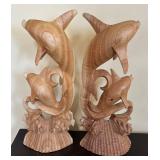 K - Pair of Wooden Dolphin Sculptures
