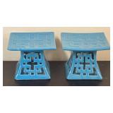 K - Stained Glass Style Parrot Framed Panel  with Pair of Blue Ceramic Candle Holders