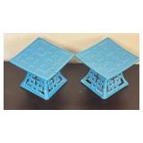 K - Stained Glass Style Parrot Framed Panel  with Pair of Blue Ceramic Candle Holders