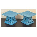 K - Stained Glass Style Parrot Framed Panel  with Pair of Blue Ceramic Candle Holders