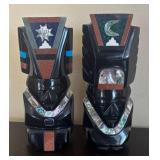 K - Pair of Mexican Headdress Bust Figurines with Abalone Shell Inlays