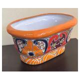 Hand-Painted Orange Rim & Multicolor Floral Mexican Pottery Planter