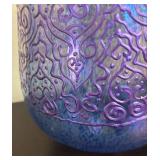 LR - Iridescent Purple-Blue Glass Vase with Raised Scrollwork Pattern