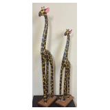 LR - Two Giraffe Sculptures - Painted Wood Pair