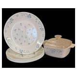 LR - Corelle Cornflower Blue Dinner Plates (8) & Casserole Dish with Glass Lid