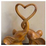 K - Pair of Hand-Carved Wooden Heart Motif Elephant Sculptures