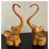 K - Pair of Hand-Carved Wooden Heart Motif Elephant Sculptures