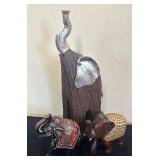LR - Elephant Figurines Trio -Tall Wooden Sculpture and Saddled Elephants