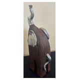 LR - Elephant Figurines Trio -Tall Wooden Sculpture and Saddled Elephants