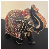 LR - Elephant Figurines Trio -Tall Wooden Sculpture and Saddled Elephants